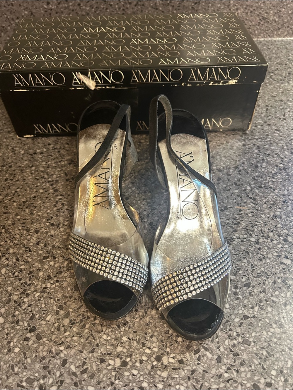 Vintage Amano Women's Silver Slingback Peep-Toe Heels with Crystal Accent